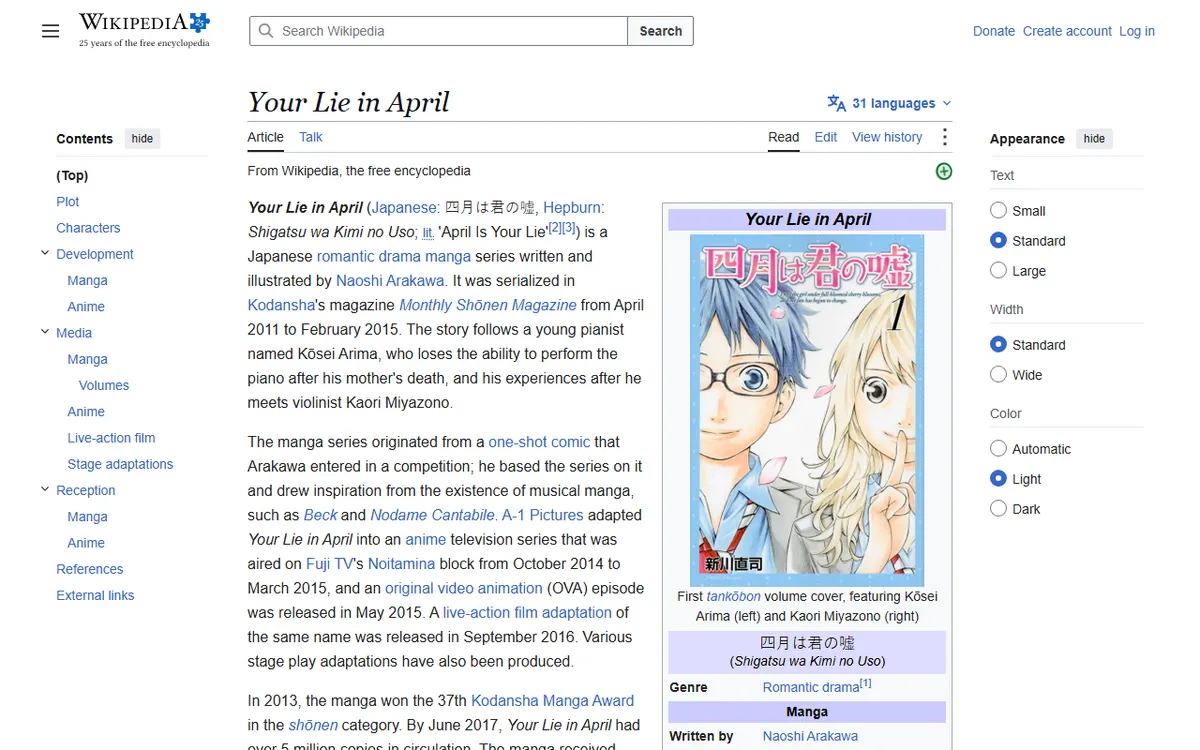 Artikel Wikipedia bahasa Inggris berjudul Your Lie in April dengan paragraf pembuka dan kotak info berisi sampul volume pertama manganya