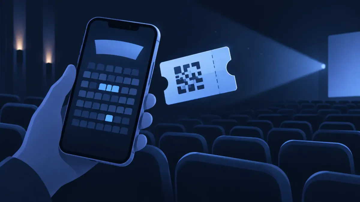 Ilustrasi editorial bernuansa biru gelap berisi ponsel yang menampilkan denah kursi bioskop, kode QR tiket, dan deretan kursi studio, tanpa teks dan tanpa logo