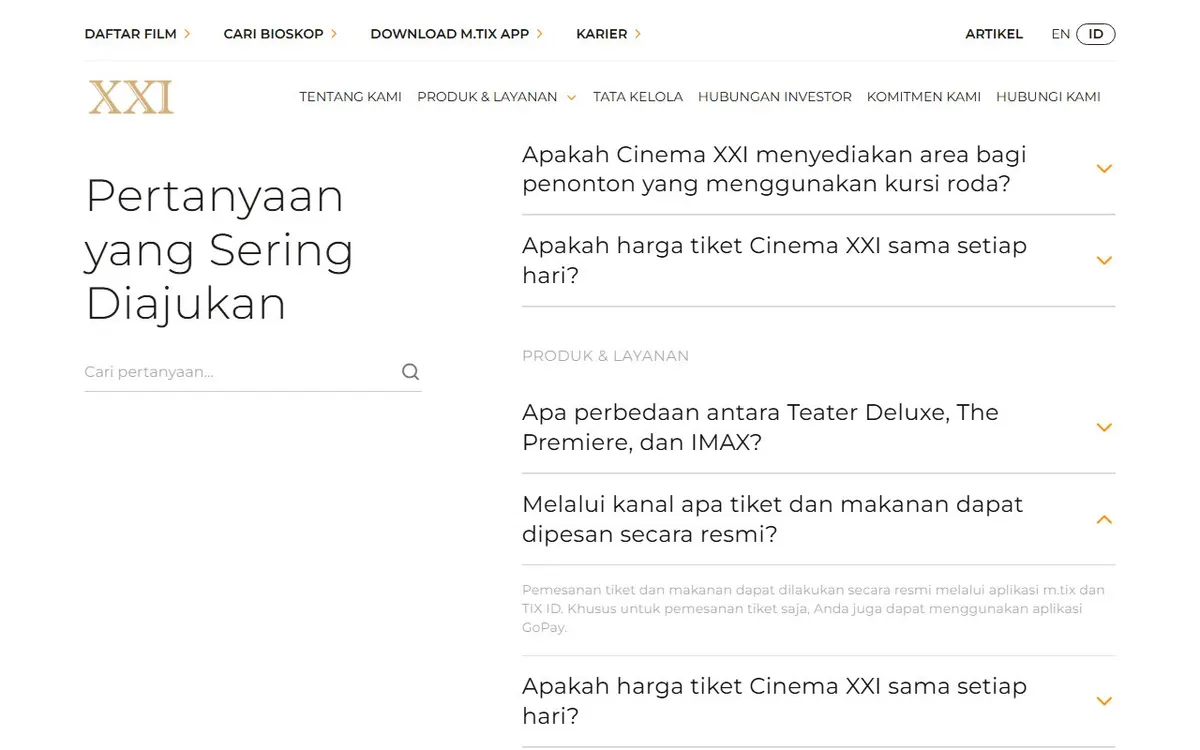 Halaman FAQ Cinema XXI dengan pertanyaan Melalui kanal apa tiket dan makanan dapat dipesan secara resmi yang terbuka dan menyebut aplikasi m.tix, TIX ID, dan GoPay