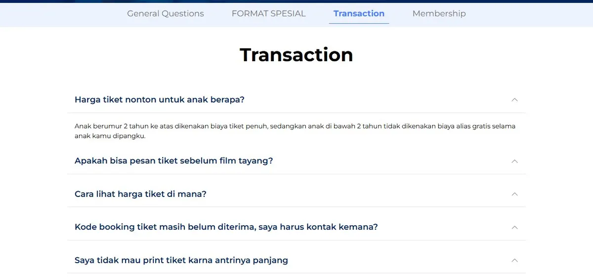 Tab Transaction di halaman FAQ Cinépolis Indonesia berisi pertanyaan harga tiket anak, pesan tiket sebelum film tayang, cara lihat harga tiket, kode booking belum diterima, dan tidak mau print tiket
