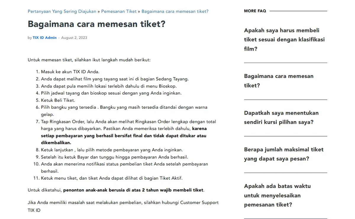 Halaman FAQ TIX ID berjudul Bagaimana cara memesan tiket berisi 11 langkah pemesanan bernomor, mulai dari masuk ke akun TIX ID sampai melihat tiket di bagian Tiket Aktif