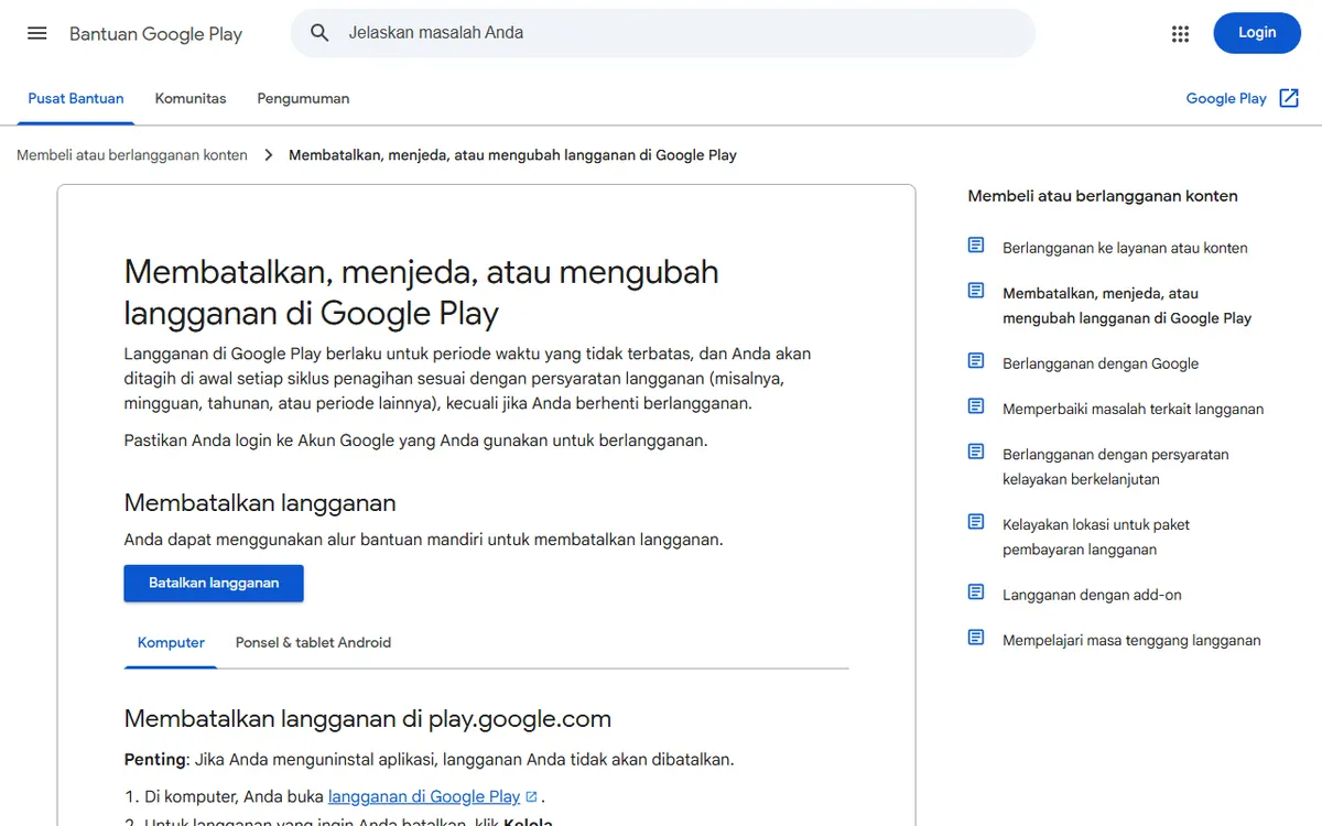 Halaman Bantuan Google Play berjudul Membatalkan, menjeda, atau mengubah langganan di Google Play dengan tombol biru Batalkan langganan