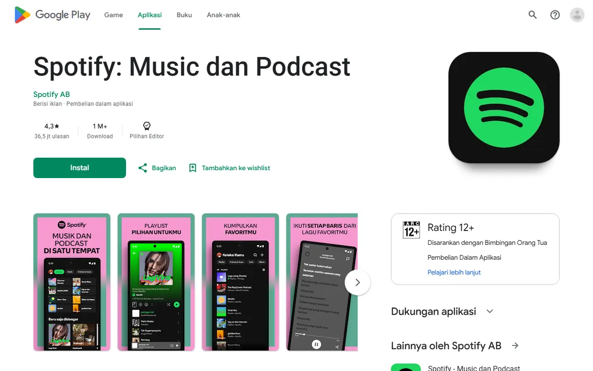 Halaman aplikasi Spotify: Music dan Podcast di Google Play dengan logo Spotify hijau, tombol Instal, tangkapan layar aplikasi, dan kotak Rating 12+