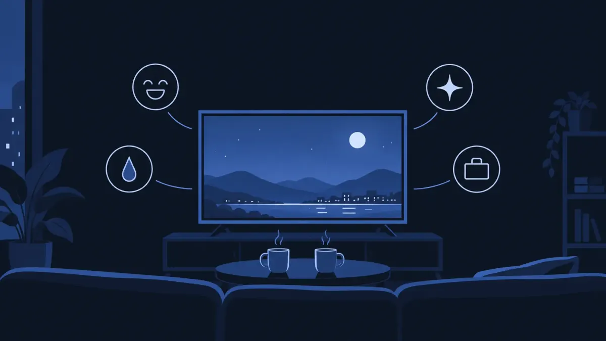 Ilustrasi editorial bernuansa biru gelap berisi layar televisi, dua cangkir di meja, dan empat ikon subgenre romantis: wajah tertawa, tetes air mata, bintang, dan tas kerja