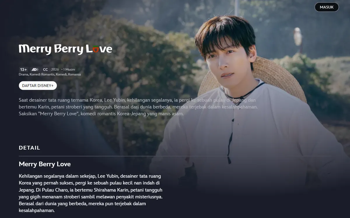 Halaman judul Merry Berry Love di Disney+ Indonesia berisi logo judul, label 13+, genre Drama dan Komedi Romantis, sinopsis, dan foto pemeran pria bertopi jerami