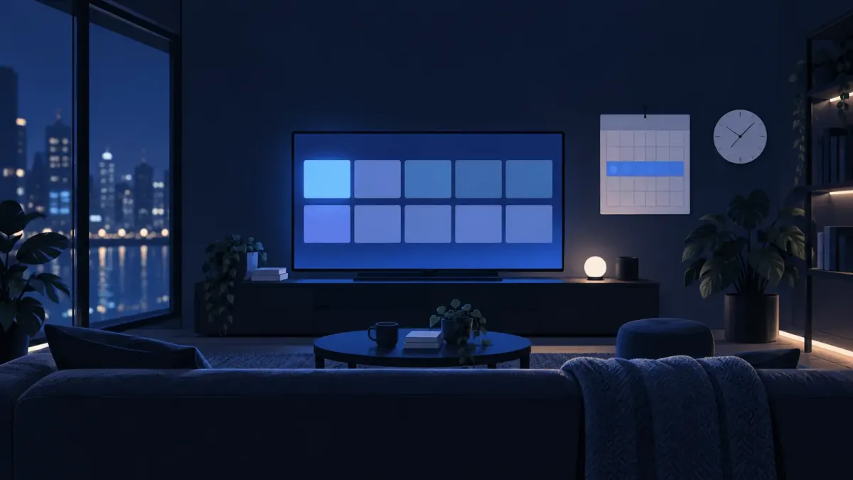 Ilustrasi layar televisi di ruang gelap bernuansa biru dengan deretan kartu tontonan dan kalender bulanan