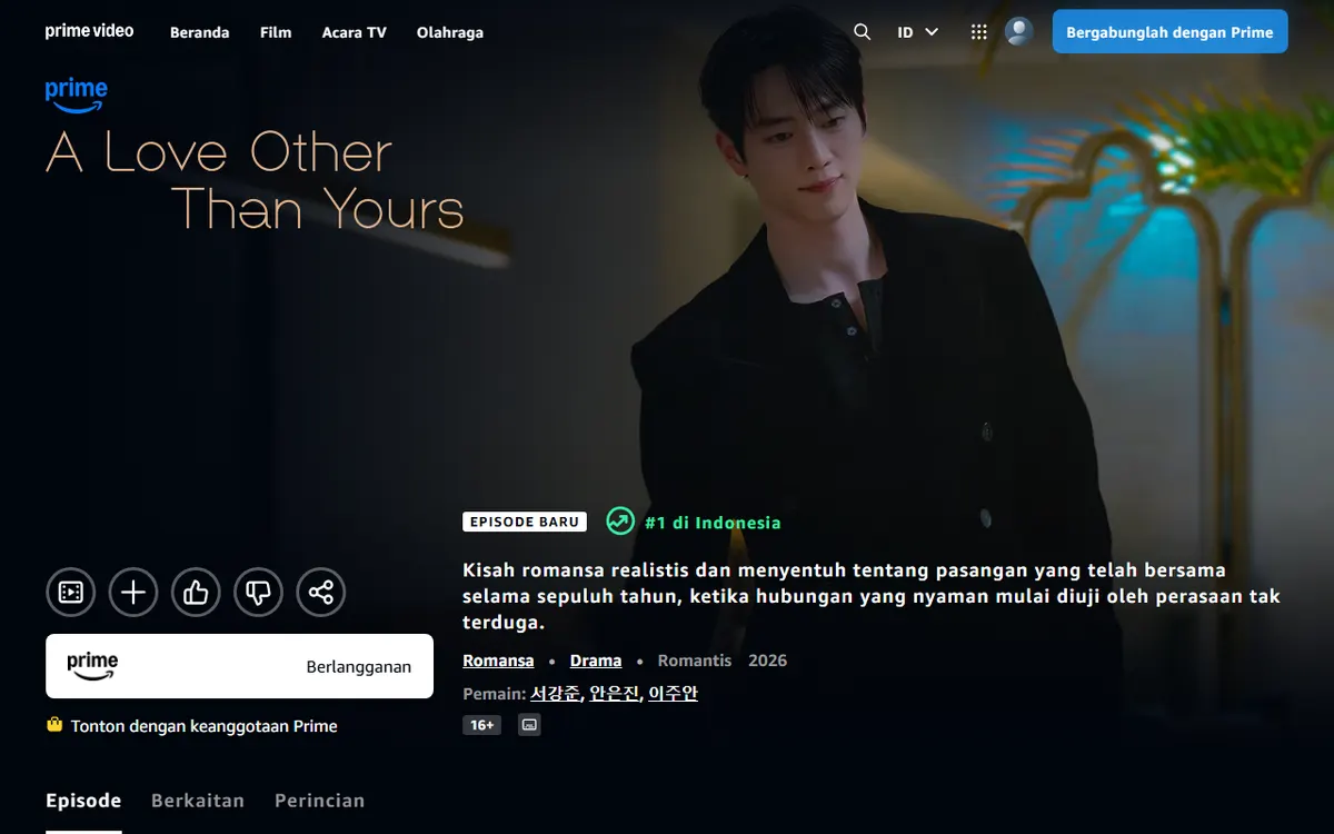 Halaman judul A Love Other Than Yours di Prime Video dengan label Episode Baru, sinopsis, genre Romansa dan Drama, label 16+, dan nama pemain dalam aksara Korea