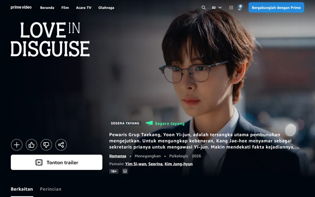 Halaman judul Love in Disguise di Prime Video dengan status Segera tayang, sinopsis, label 16+, dan foto pemeran perempuan berkacamata dan berjas