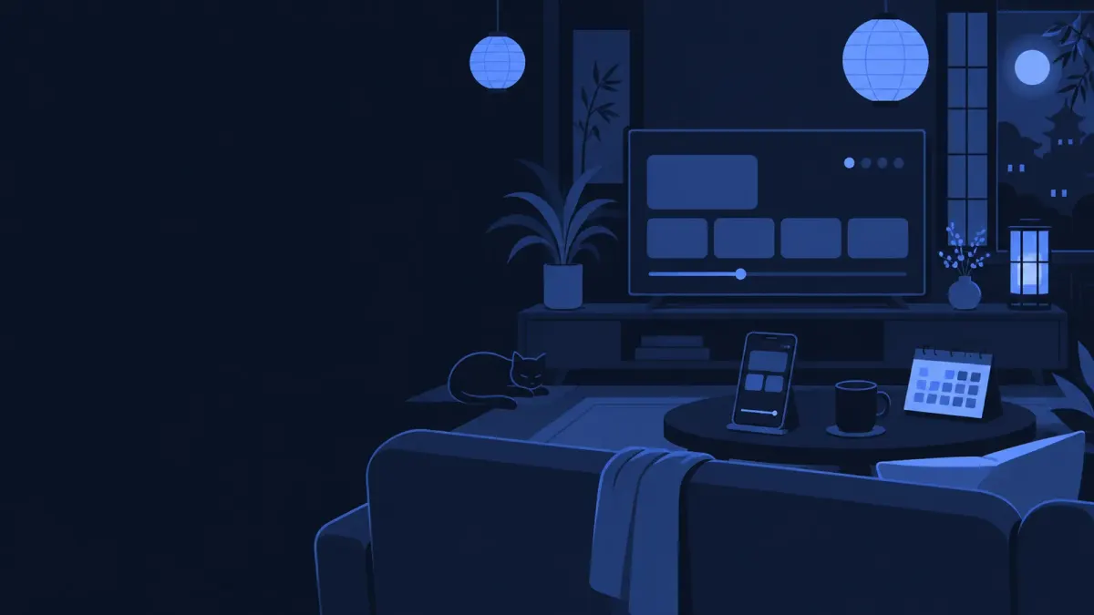 Ilustrasi layar ponsel dan televisi berisi deretan kartu tontonan di ruangan bernuansa biru malam, tanpa judul atau wajah nyata
