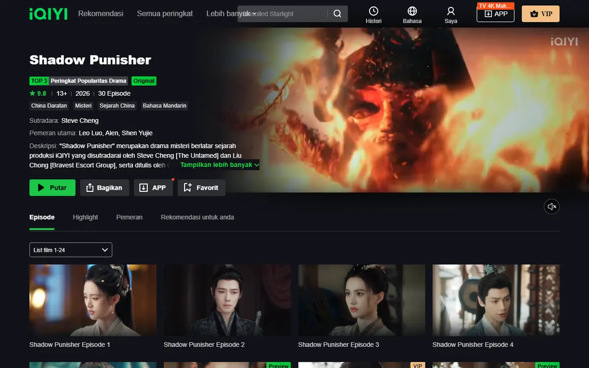 Halaman judul Shadow Punisher di iQIYI dengan keterangan 2026, 30 Episode, rating 13+, genre Misteri dan Sejarah China, sutradara Steve Cheng, serta pemeran Leo Luo, Alen, dan Shen Yujie