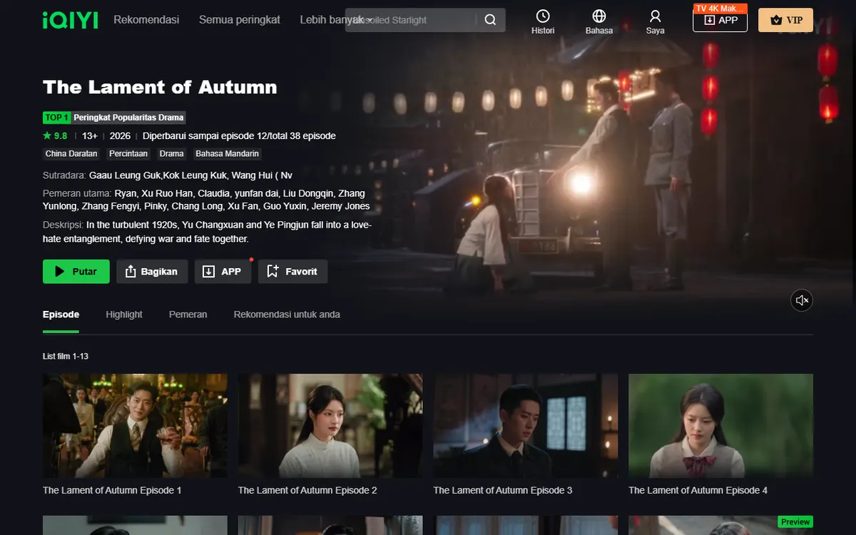 Halaman judul The Lament of Autumn di iQIYI dengan label Diperbarui sampai episode 12/total 38 episode, rating 13+, nama sutradara, dan daftar pemeran utama