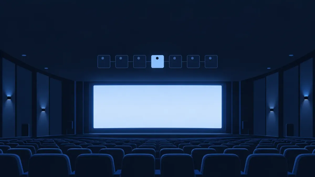 Ilustrasi deretan kursi bioskop kosong menghadap layar yang menyala dalam nuansa biru malam