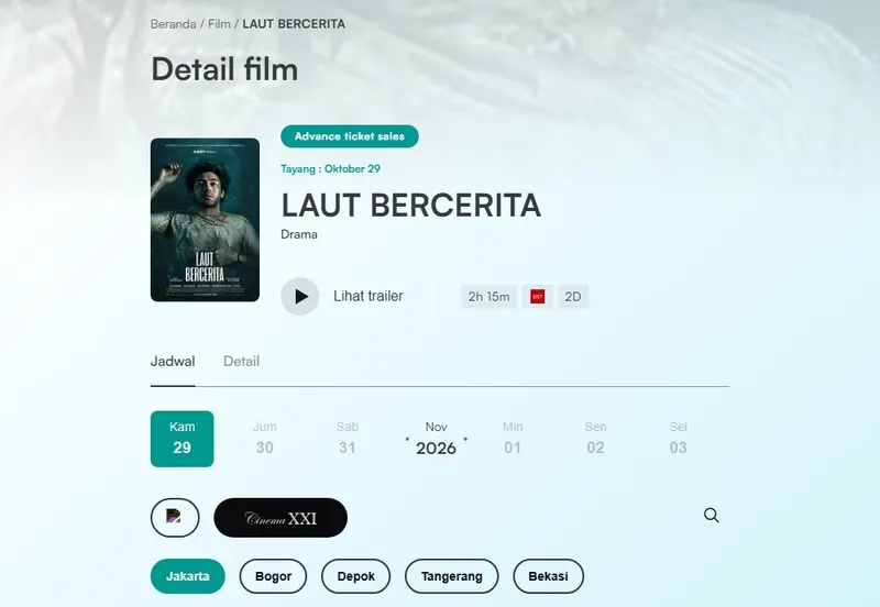 Halaman Detail film Laut Bercerita di situs seluler Cinema XXI dengan label Advance ticket sales, tulisan Tayang Oktober 29, genre Drama, durasi 2h 15m, dan label usia D17