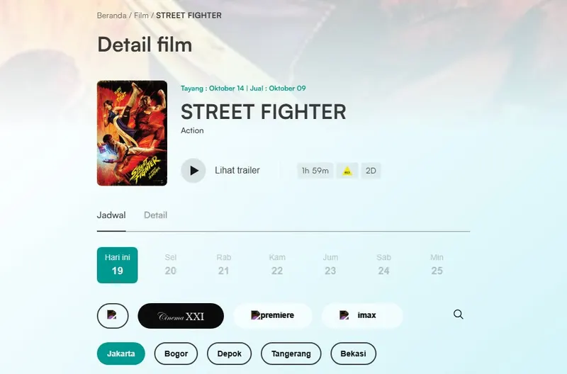 Halaman Detail film Street Fighter di situs seluler Cinema XXI dengan poster, tulisan Tayang Oktober 14 dan Jual Oktober 09, durasi 1h 59m, label usia R13, serta pilihan studio XXI, Premiere, dan IMAX
