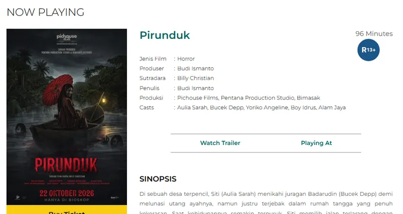 Tangkapan layar halaman film Pirunduk di situs Cinema XXI dengan poster bertanggal 22 Oktober 2026, durasi 96 menit, label R13+, dan sutradara Billy Christian