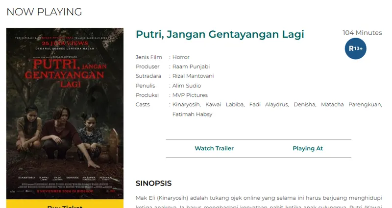 Tangkapan layar halaman film Putri, Jangan Gentayangan Lagi di situs Cinema XXI dengan poster bertanggal 5 November 2026, durasi 104 menit, dan label R13+