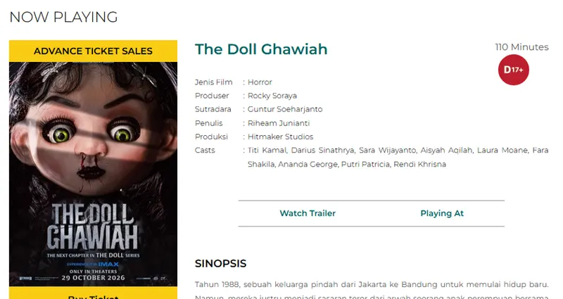 Tangkapan layar halaman film The Doll Ghawiah di situs Cinema XXI dengan poster boneka, label Advance Ticket Sales, durasi 110 menit, dan label D17+