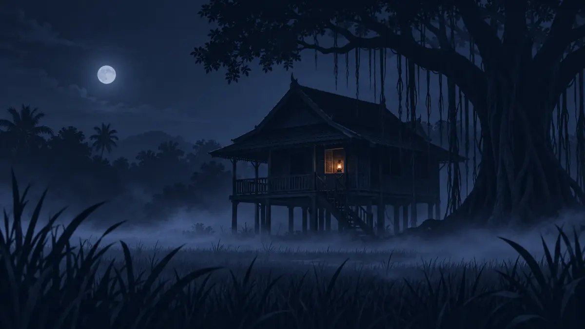 Ilustrasi editorial bernuansa biru gelap berisi rumah kayu panggung tradisional di tengah kabut malam, pohon beringin, dan cahaya lampu minyak dari jendela
