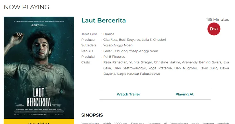 Tangkapan layar halaman film Laut Bercerita di situs Cinema XXI berisi poster, durasi 135 menit, label D17+, nama sutradara Yosep Anggi Noen, dan daftar pemeran