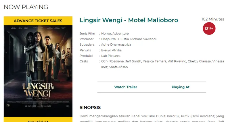 Tangkapan layar halaman film Lingsir Wengi - Motel Malioboro di situs Cinema XXI dengan poster bertanggal 22 Oktober 2026, durasi 102 menit, dan label D17+