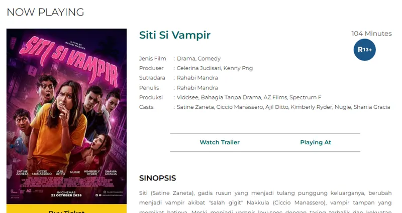 Tangkapan layar halaman film Siti Si Vampir di situs Cinema XXI dengan poster bertanggal 22 Oktober 2026, durasi 104 menit, label R13+, dan genre Drama, Comedy