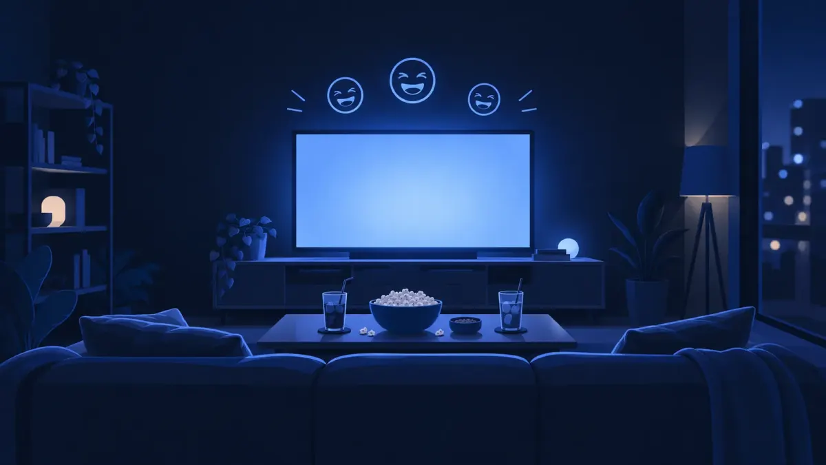 Ilustrasi editorial bernuansa biru gelap berisi sofa di depan layar televisi yang menyala, mangkuk camilan, dan tiga ikon wajah tertawa di atas layar