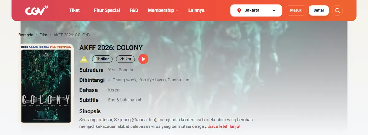 Halaman film AKFF 2026: Colony di situs CGV dengan poster bertuliskan 2026 ASEAN-Korea Film Festival, label 13+, genre Thriller, dan durasi 2 jam 2 menit