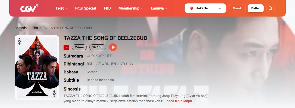 Halaman film Tazza The Song of Beelzebub di situs CGV dengan poster, label D17, genre Crime, durasi 2 jam 10 menit, serta nama sutradara dan pemeran