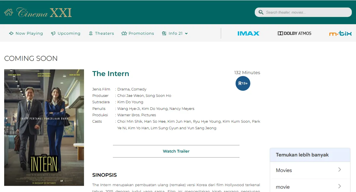 Halaman film The Intern di situs Cinema XXI bertanda Coming Soon, berisi poster, durasi 132 menit, label R13+, sutradara, dan daftar pemain