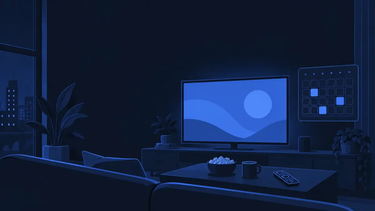 Ilustrasi layar televisi menyala di ruang gelap dengan kisi kalender bulanan bernuansa biru malam