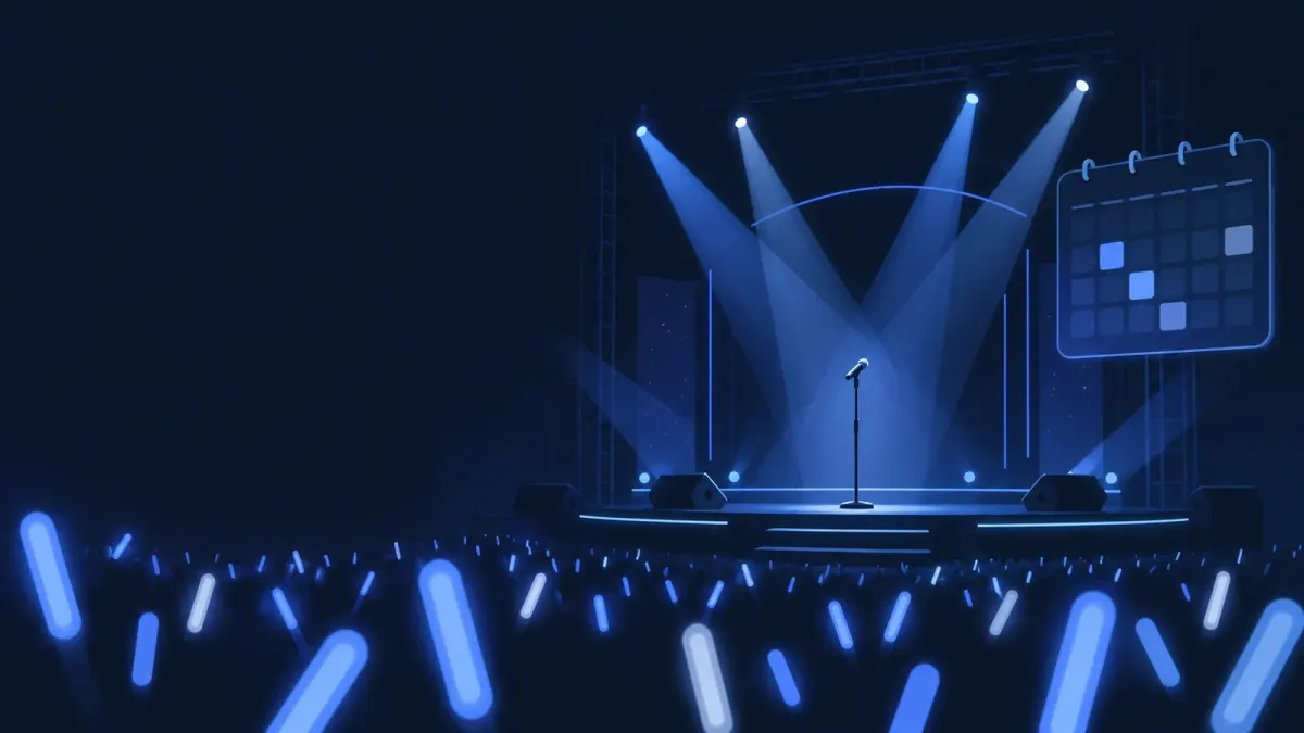 Ilustrasi panggung konser bernuansa biru gelap dengan lampu sorot, siluet mikrofon, dan kalender rilis tanpa wajah orang