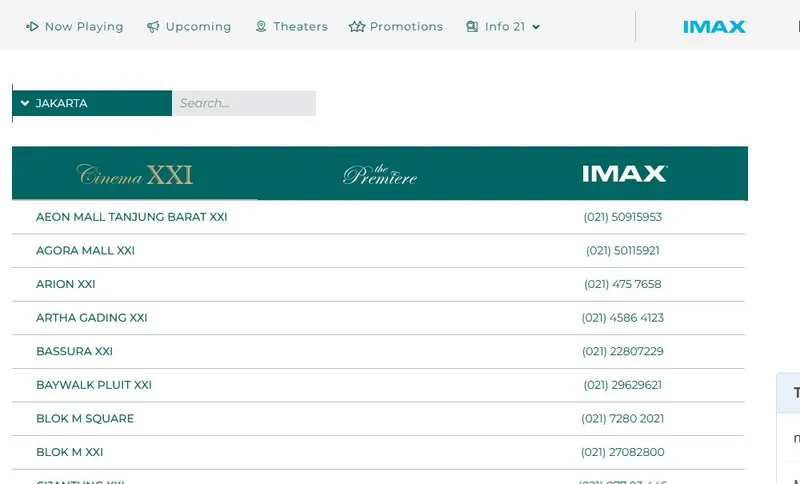 Halaman Theaters di 21cineplex.com dengan menu kota berisi JAKARTA, tab Cinema XXI, The Premiere, dan IMAX, serta daftar nama bioskop XXI beserta nomor teleponnya