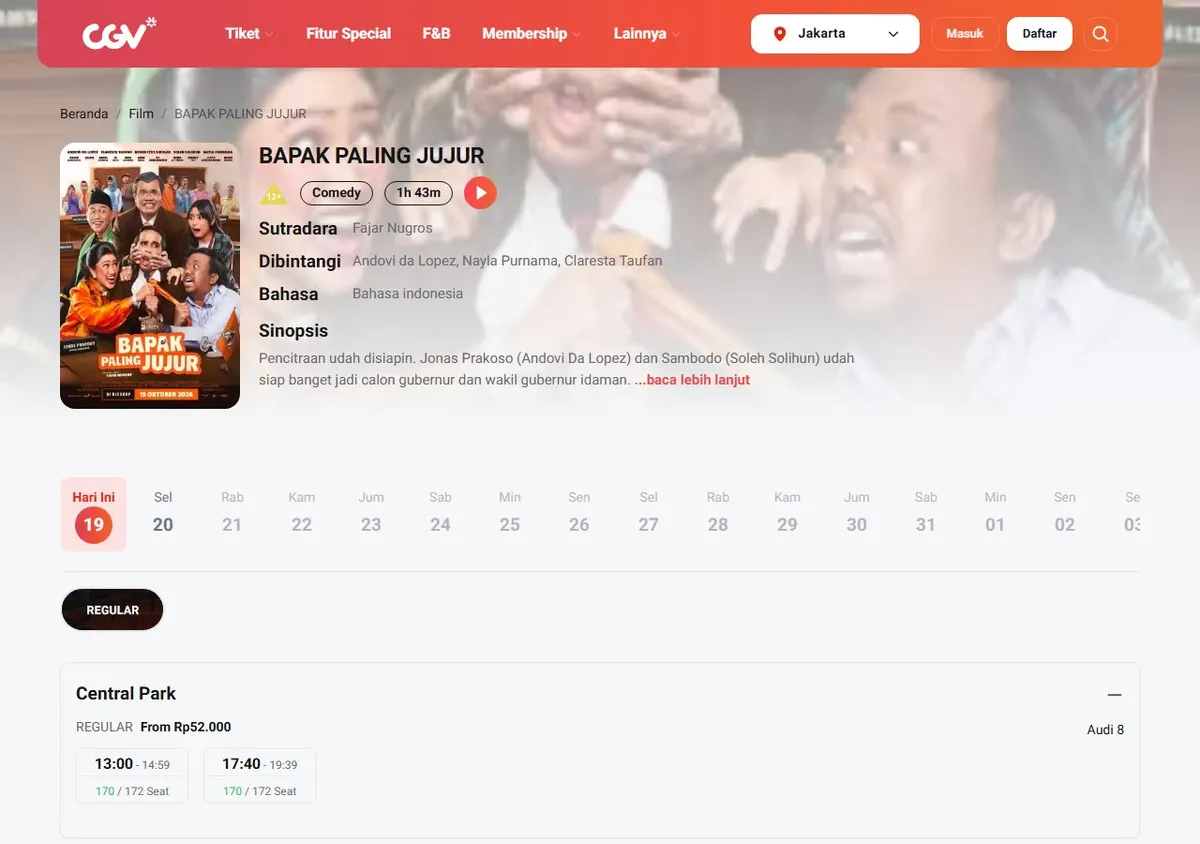 Halaman jadwal film Bapak Paling Jujur di cgv.id dengan kota Jakarta terpilih, deretan tanggal, filter REGULAR, dan baris bioskop Central Park berisi harga, nomor auditorium, jam mulai sampai selesai, serta sisa kursi