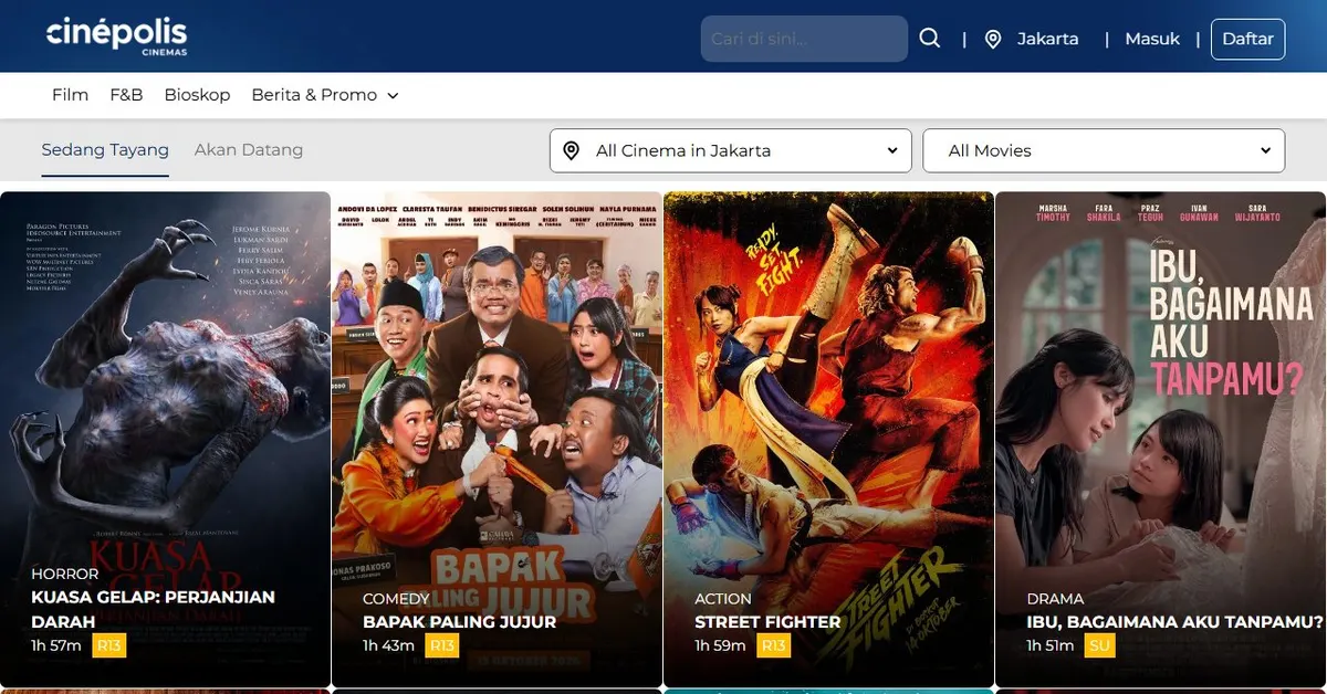 Halaman Sedang Tayang di situs Cinépolis dengan filter All Cinema in Jakarta dan deretan poster film yang masing-masing mencantumkan genre, durasi, dan label usia seperti R13 dan SU