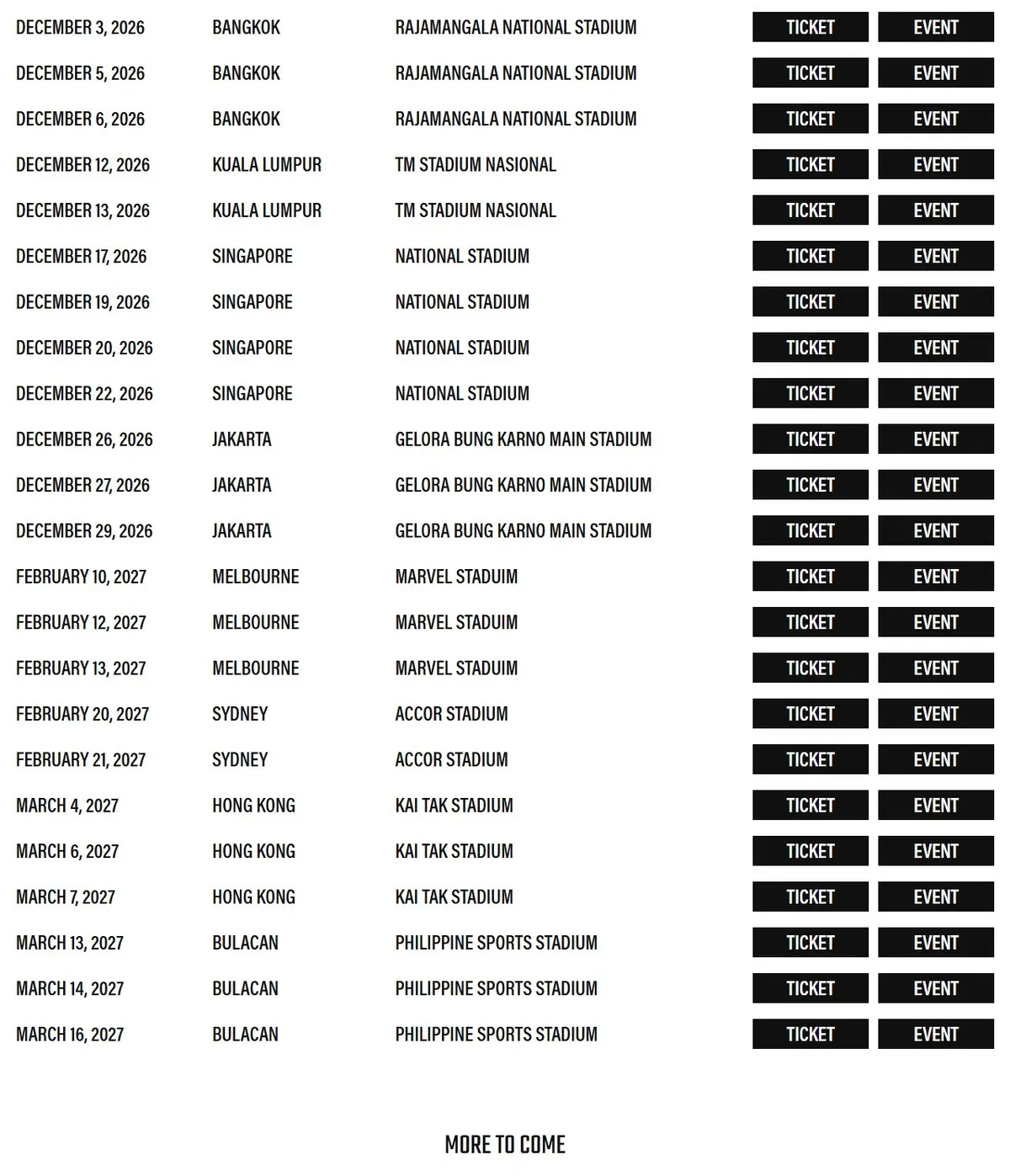 Daftar jadwal BTS WORLD TOUR ARIRANG di situs BIGHIT MUSIC dari Bangkok 3 Desember 2026 sampai Bulacan 16 Maret 2027, termasuk Jakarta di Gelora Bung Karno Main Stadium pada 26, 27, dan 29 Desember 2026, dengan tombol TICKET dan EVENT