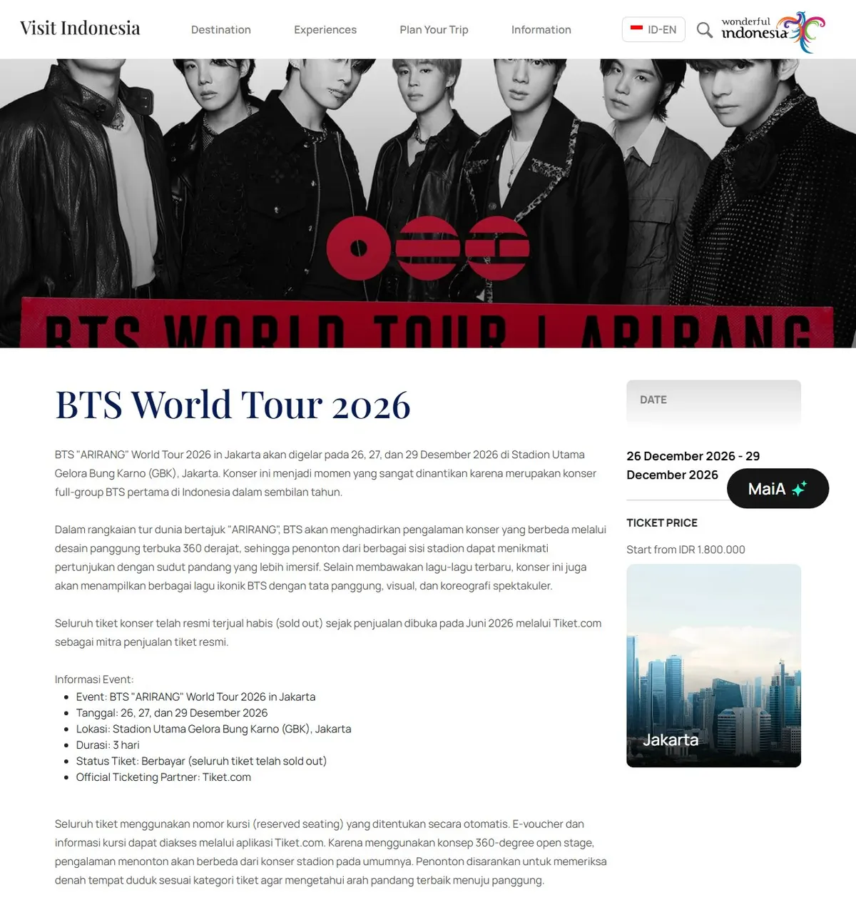 Halaman acara BTS World Tour 2026 di situs Visit Indonesia berisi tanggal 26, 27, dan 29 Desember 2026 di Stadion Utama GBK, status tiket sold out, mitra tiket Tiket.com, dan harga mulai IDR 1.800.000