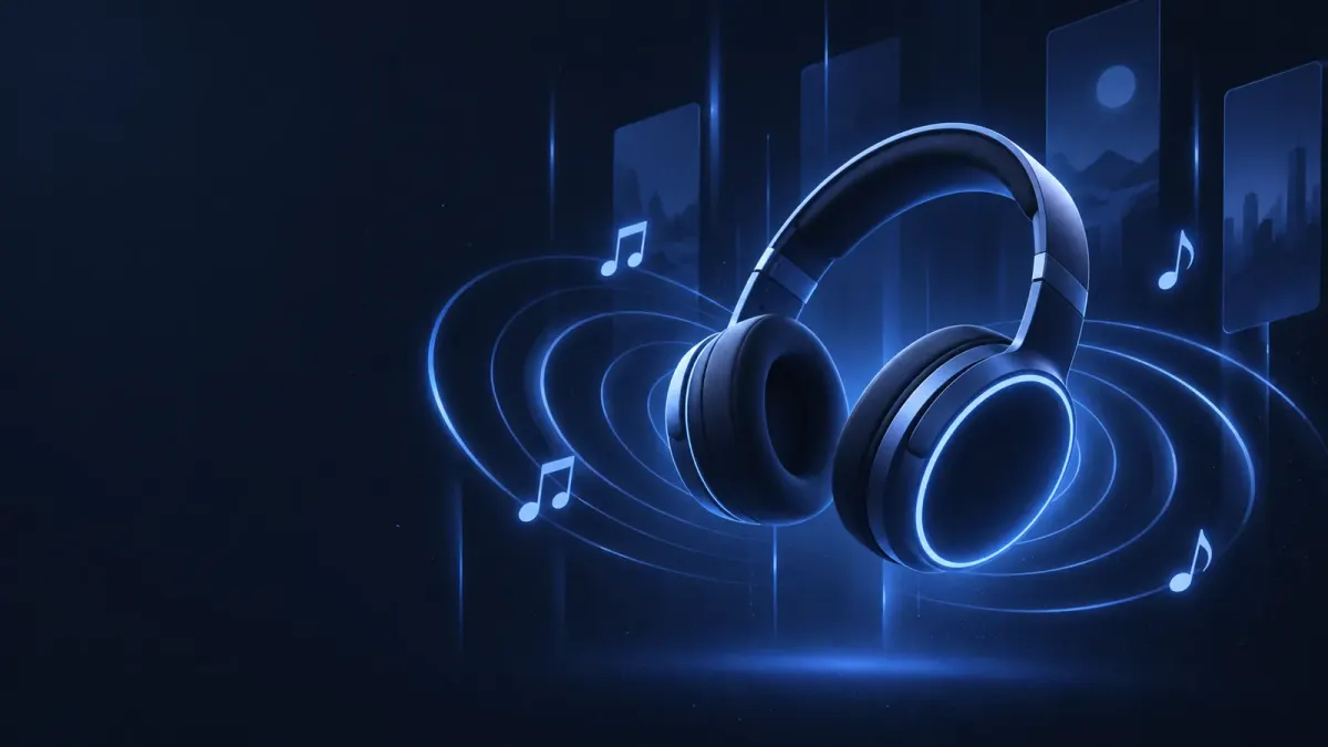 Ilustrasi headphone dan gelombang suara biru yang menyebar di latar gelap