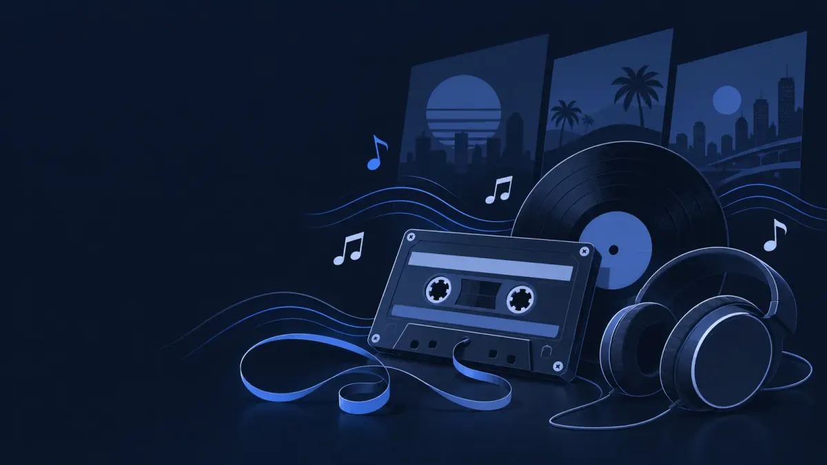 Ilustrasi konsep kaset pita, piringan hitam, dan headphone dengan garis gelombang suara biru di atas latar biru malam, tanpa teks