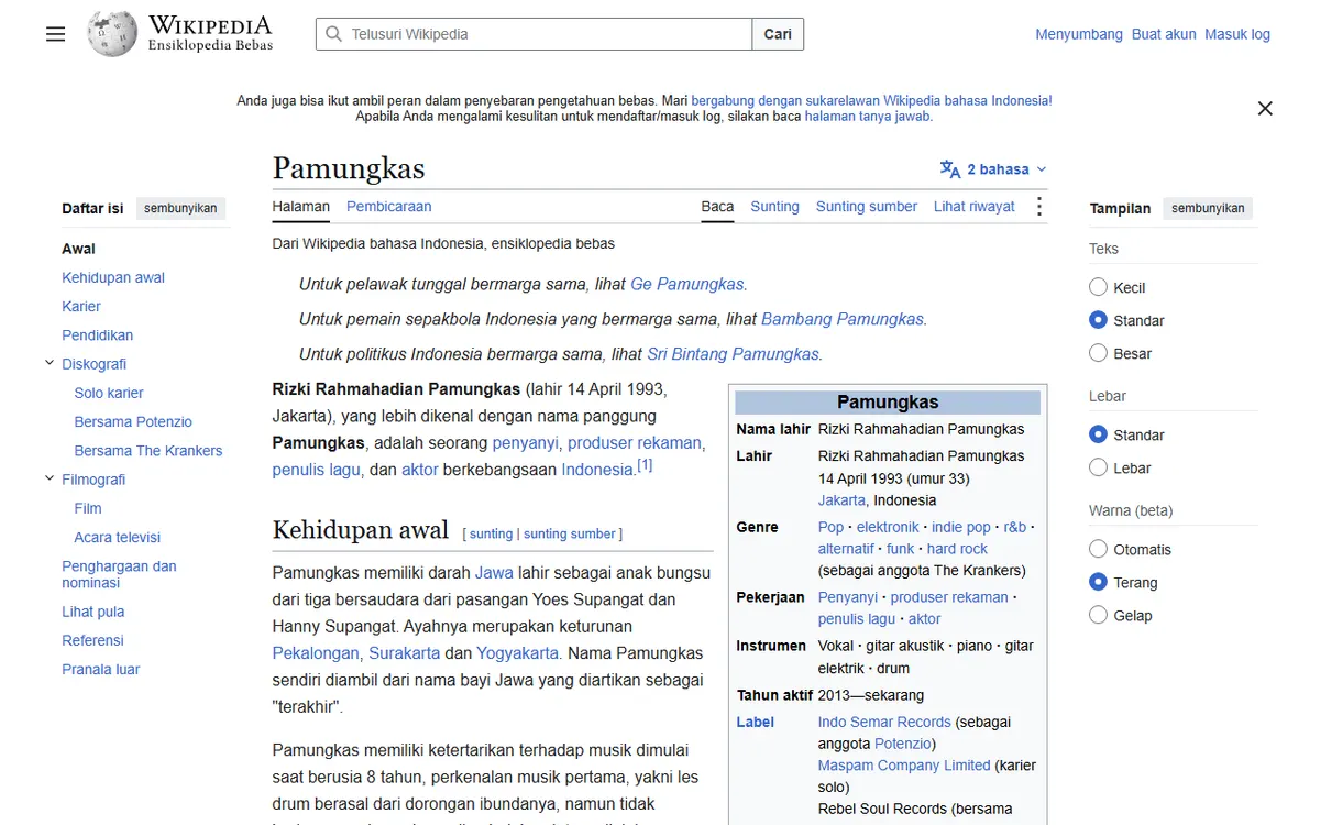 Artikel Wikipedia bahasa Indonesia berjudul Pamungkas dengan paragraf pembuka dan kotak info berisi nama lahir, genre, pekerjaan, dan label