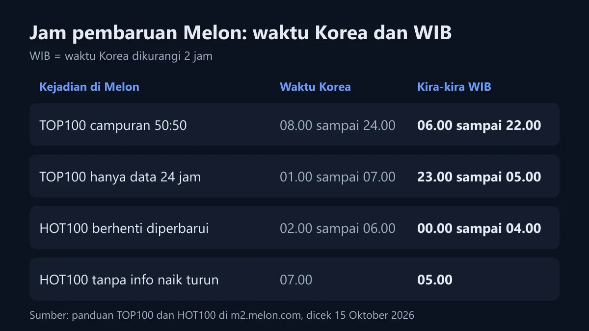 Diagram empat baris yang membandingkan jam kejadian di Melon dalam waktu Korea dan WIB, misalnya campuran 50:50 TOP100 pukul 06.00 sampai 22.00 WIB