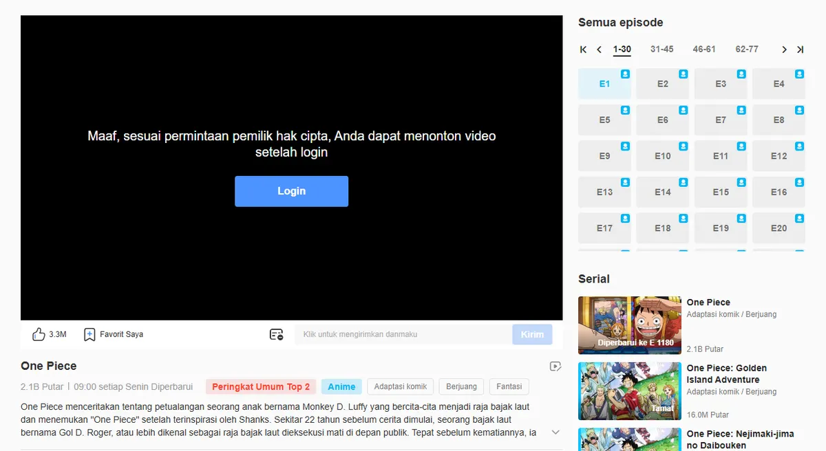 Halaman judul One Piece di Bstation Indonesia dengan pemutar video, daftar episode, keterangan 09:00 setiap Senin Diperbarui, dan kartu serial bertuliskan Diperbarui ke E 1180