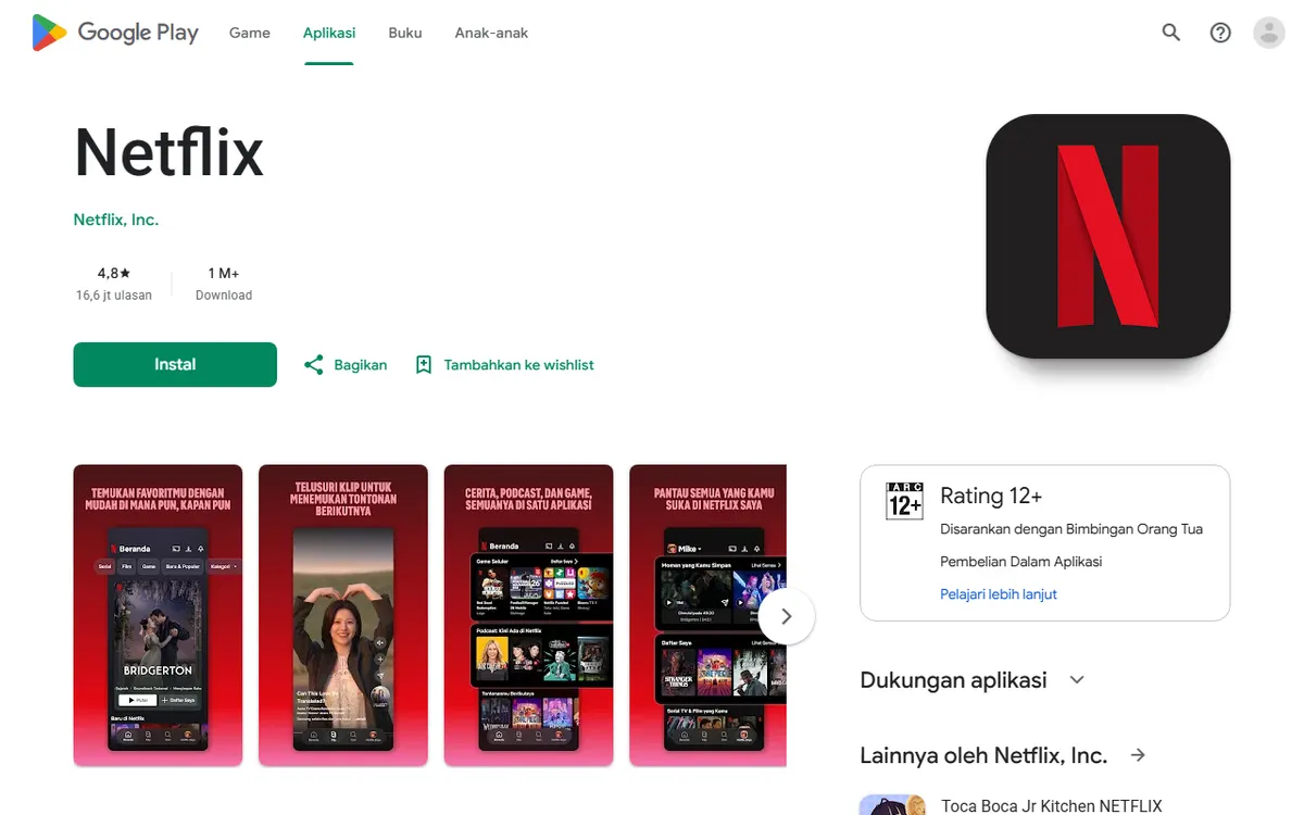 Halaman aplikasi Netflix di Google Play berbahasa Indonesia dengan ikon huruf N merah, nama pengembang Netflix, Inc., tombol Instal, dan cuplikan layar aplikasi