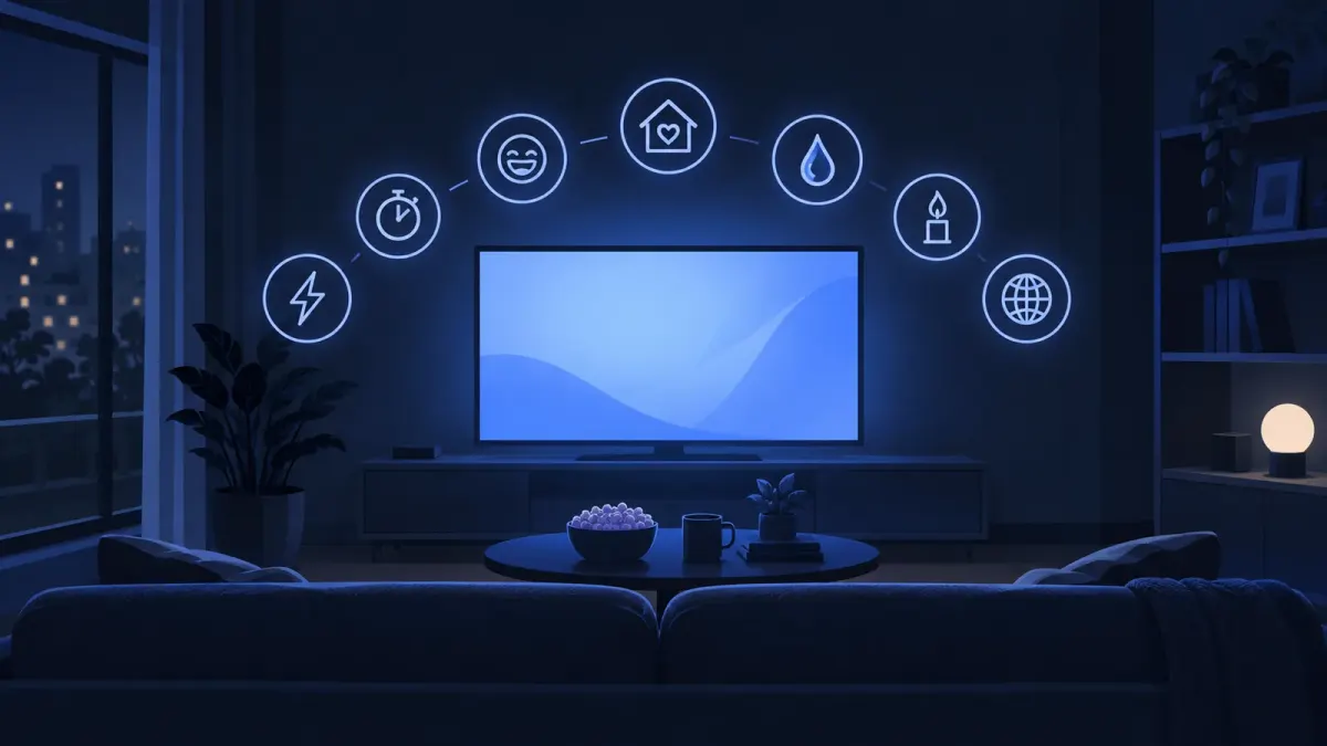Ilustrasi editorial bernuansa biru gelap berisi sofa, layar televisi menyala, dan tujuh ikon genre film yang melayang di sekitarnya