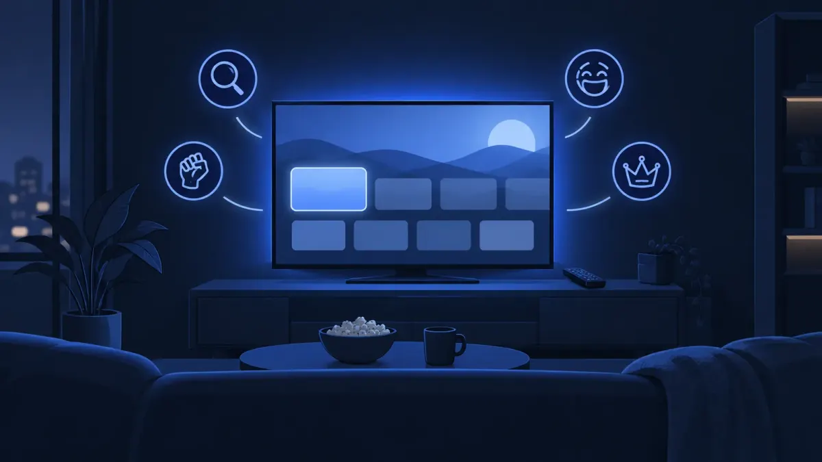 Ilustrasi editorial bernuansa biru gelap berisi layar televisi, remote, dan empat ikon genre: kaca pembesar, kepalan tangan, wajah tertawa, dan mahkota