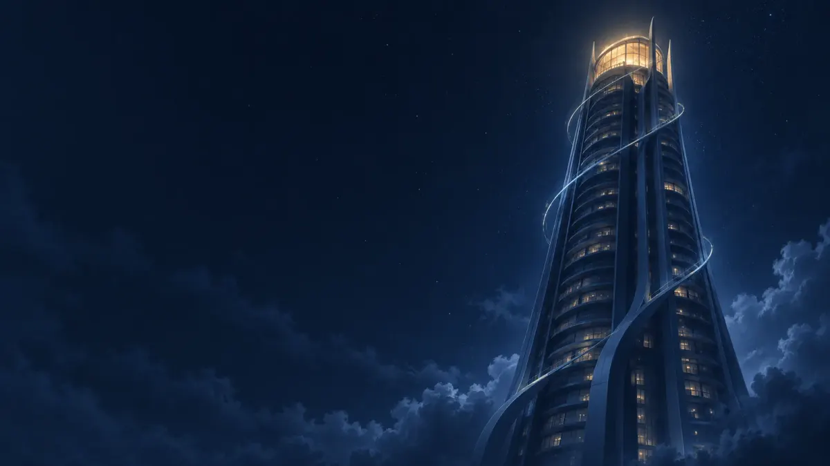 Ilustrasi editorial bernuansa biru gelap berupa menara apartemen mewah menjulang di malam hari dengan satu lantai teratas yang menyala terang
