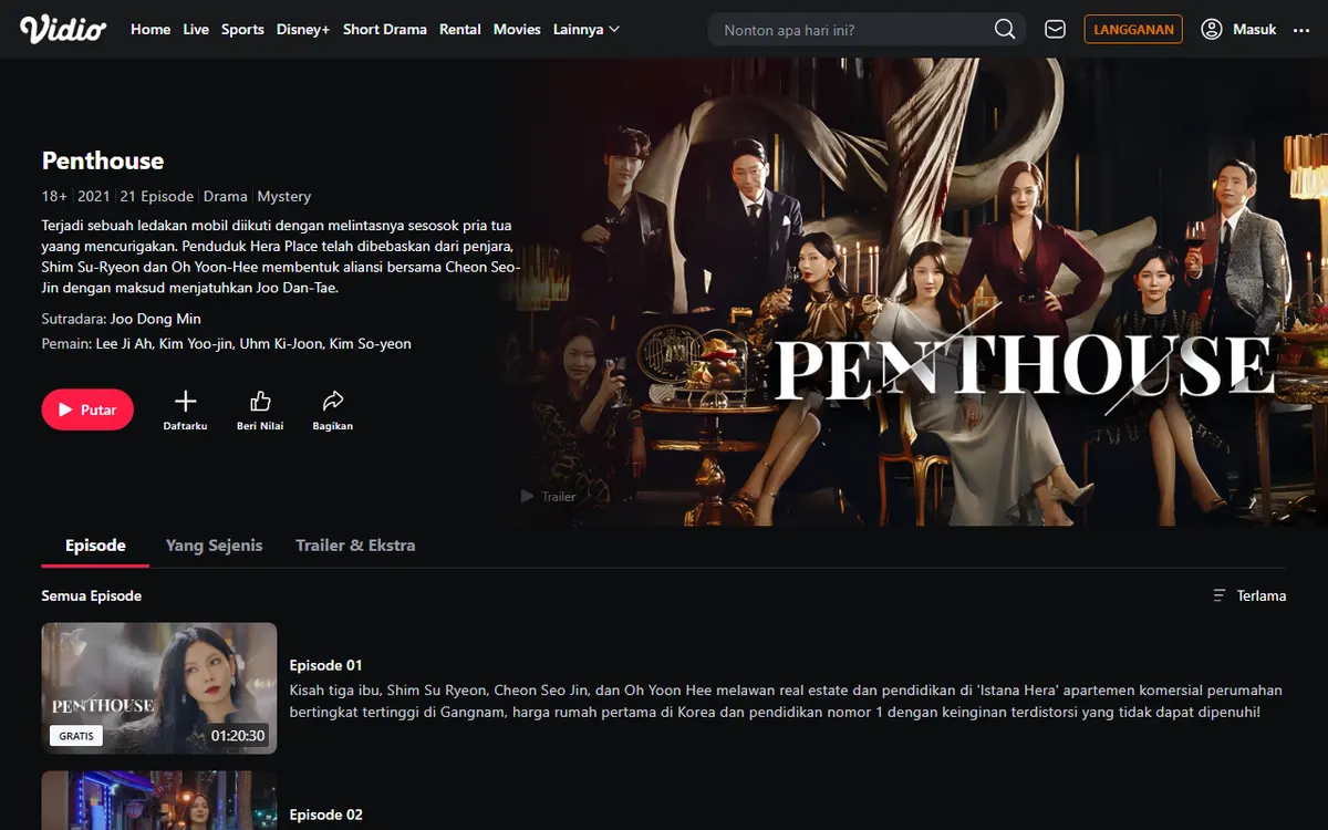 Halaman Penthouse di Vidio dengan label 18+, 2021, 21 Episode, deskripsi tentang penghuni Hera Palace yang dibebaskan dari penjara, sutradara Joo Dong Min, poster para pemain, dan Episode 01 berlabel GRATIS