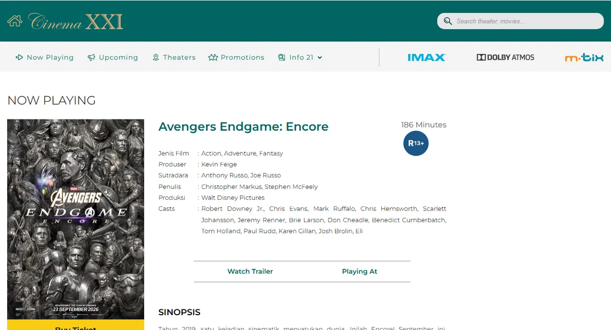 Halaman film Avengers Endgame: Encore di situs Cinema XXI dengan poster, label Now Playing, durasi 186 Minutes, label R13+, serta daftar sutradara dan pemeran