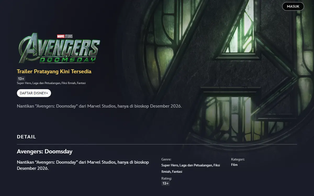 Halaman Avengers: Doomsday di Disney+ Indonesia dengan logo film, label 13+, dan tulisan hanya di bioskop Desember 2026