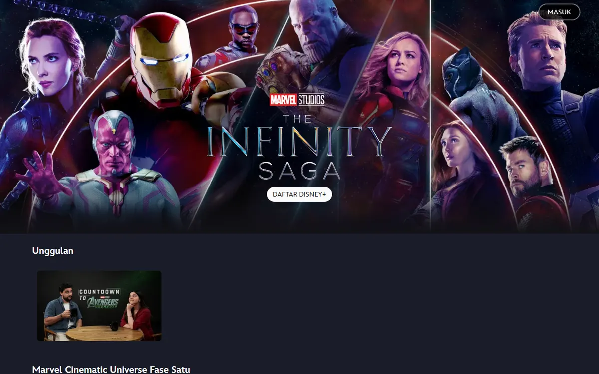 Halaman Kisah Infinity Marvel di Disney+ Indonesia dengan banner The Infinity Saga bergambar para pahlawan Avengers dan baris Marvel Cinematic Universe Fase Satu