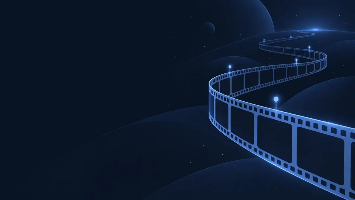 Ilustrasi deretan bingkai film yang menyala membentuk garis waktu melengkung di latar biru malam